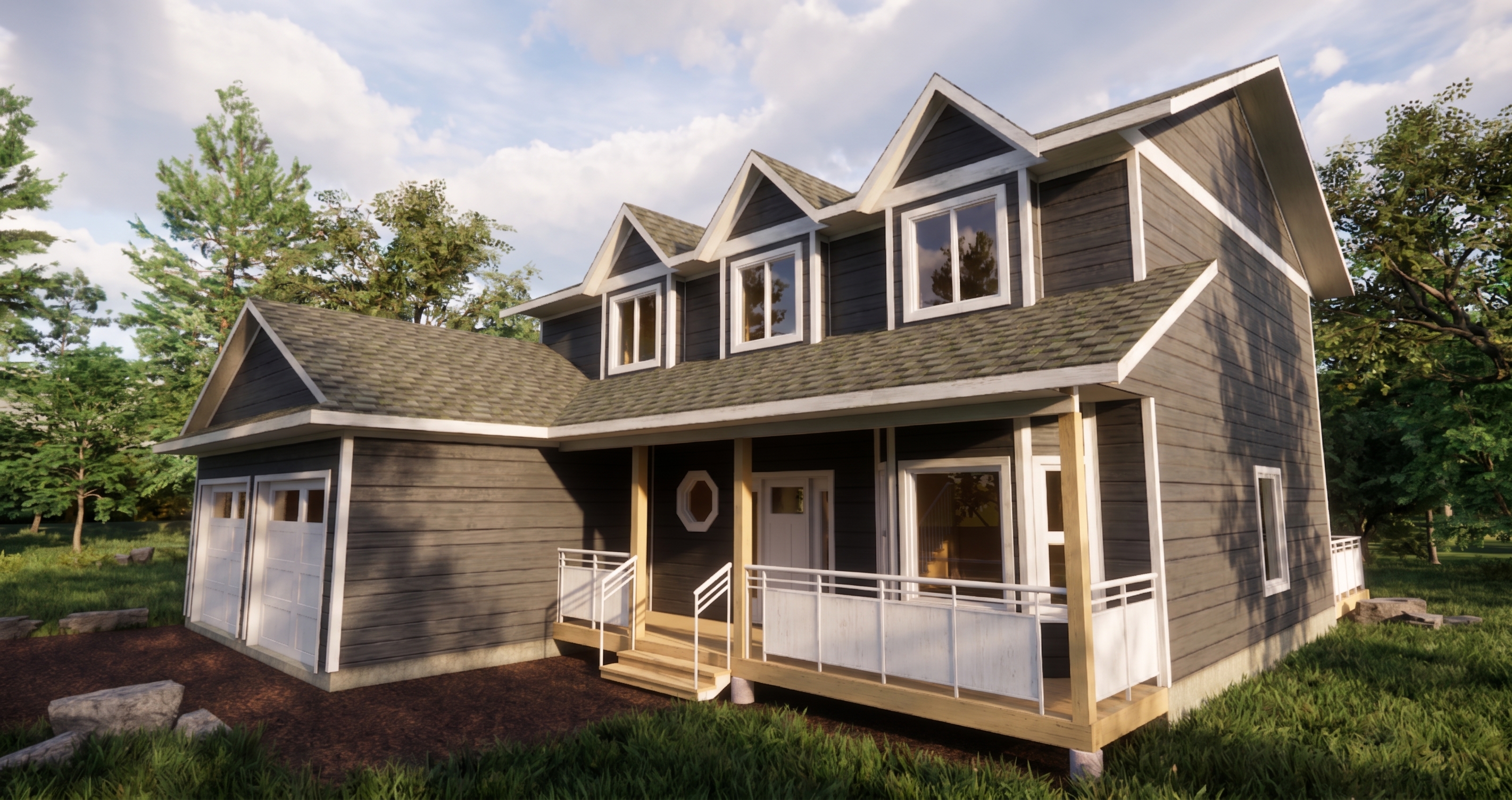 2 story traditional home with three dormers in front. 3 bedrooms, 2.5 bathrooms, 2014 sq. ft. of combined living space.