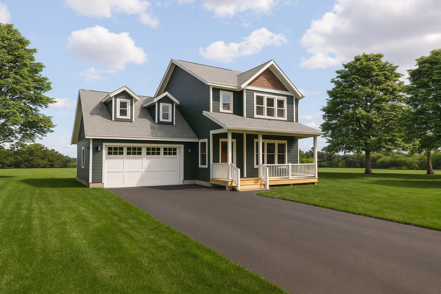 Traditional home with covered front porch and garage with bonus space. 3 bedrooms, 2.5 bathrooms, 1581 sq. ft. of living space.