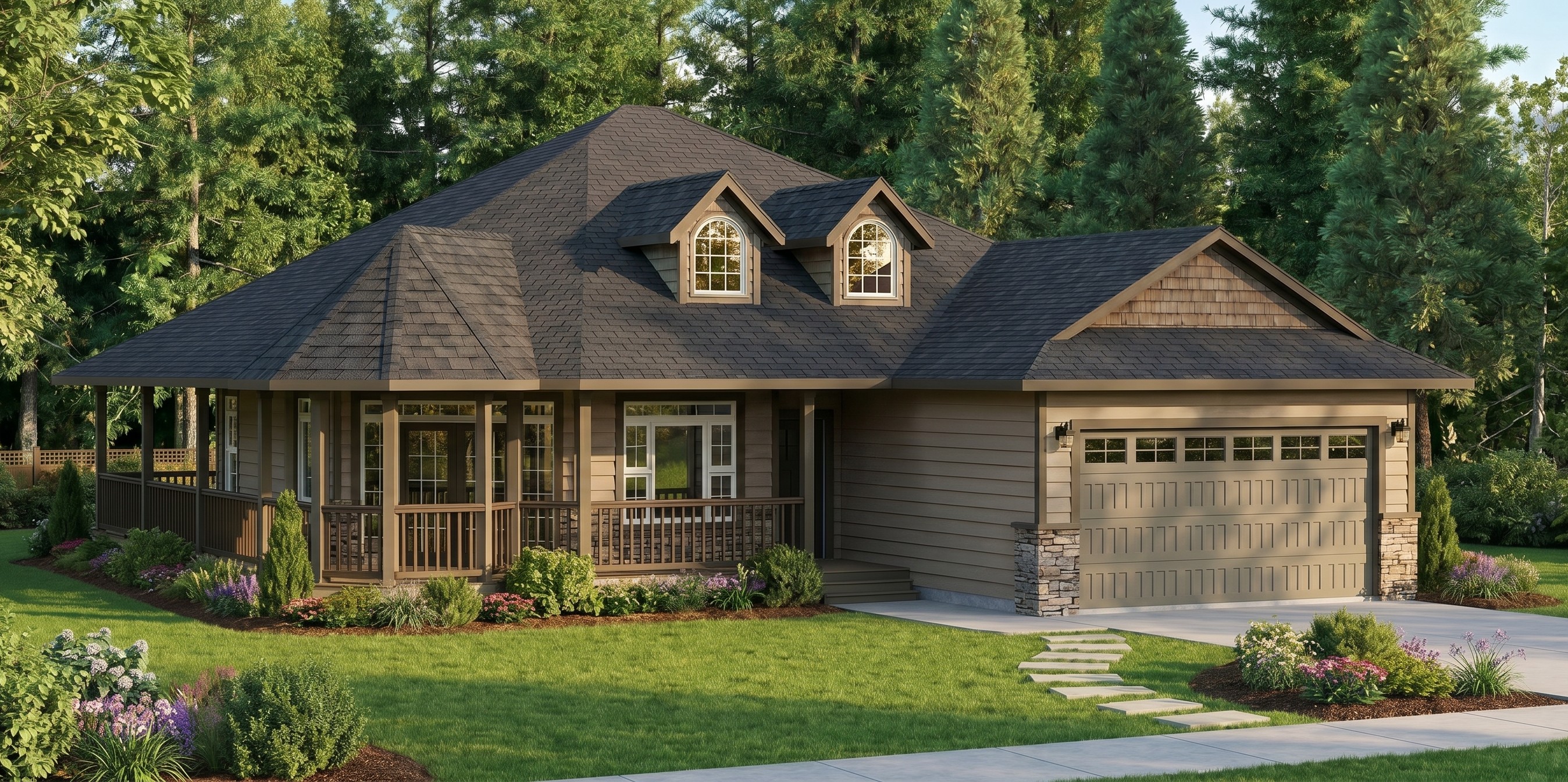 Traditional home with partial wrap around deck and two car garage. 3 bedrooms, 2 bathrooms, 1502 sq. ft.