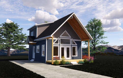 Render image of cottage with front rake wall and one dormer.